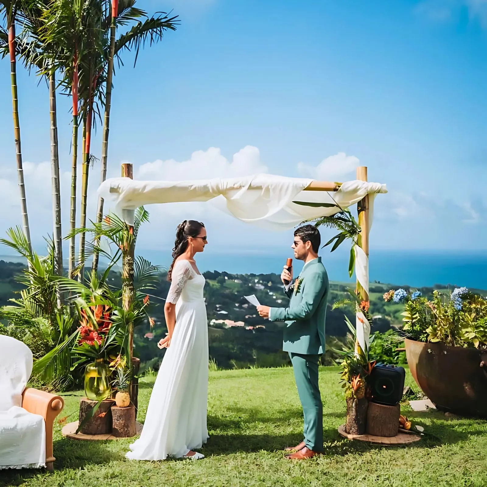 Arche de cérémonie mariage en bambou avec voilages et décoration tropicale en Martinique