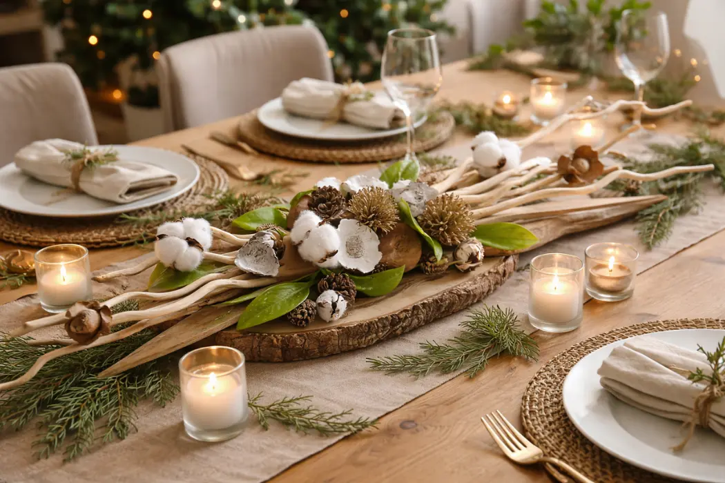 Centre de table Noël naturel rondin bois zamana branches coco coton hoya villa location saisonnière Martinique