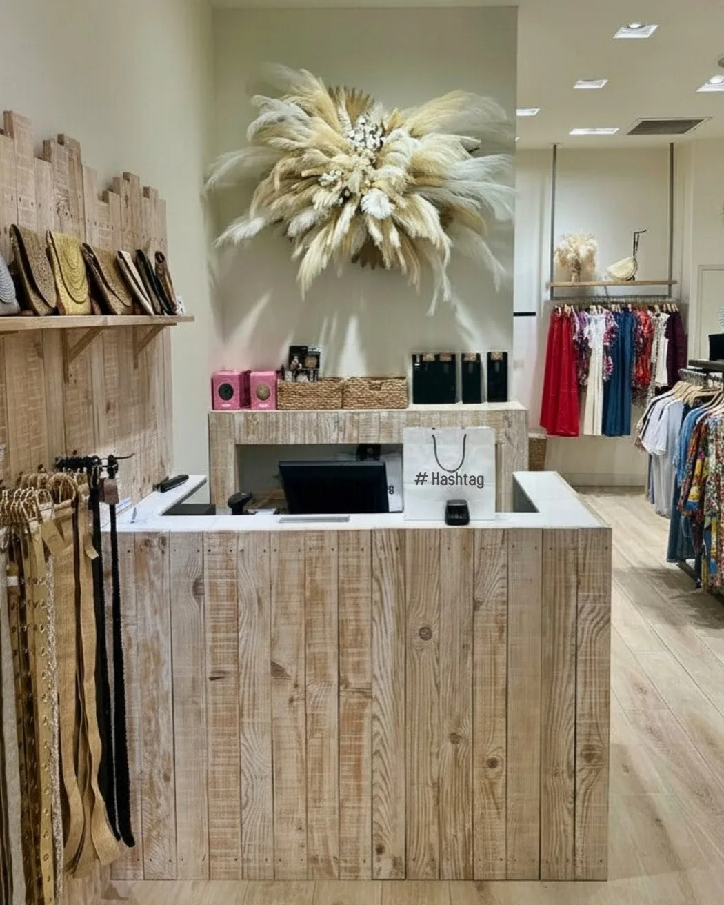 Composition murale en pampas et feuillages séchés derrière un comptoir de boutique en Martinique