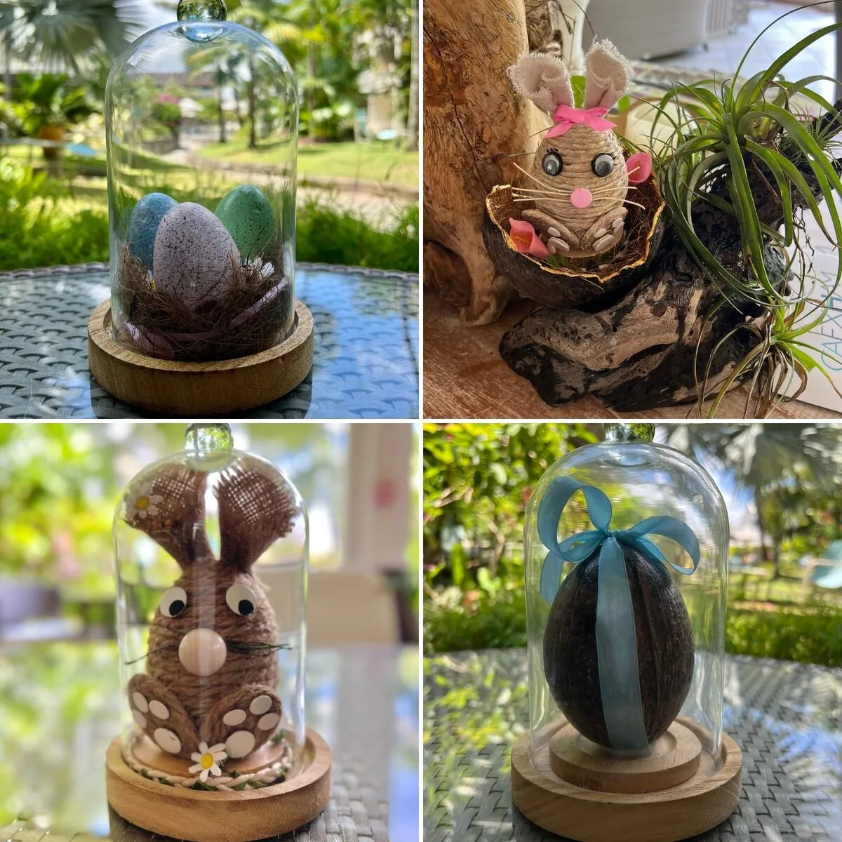 Décoration de Pâques naturelle avec œufs décorés, lapins et cloches en verre dans un hôtel en Martinique