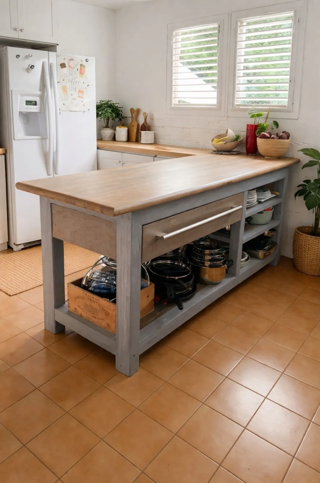 Avant après fabrication îlot central de cuisine en bois massif recyclé avec rangements et plateau traité en Martinique