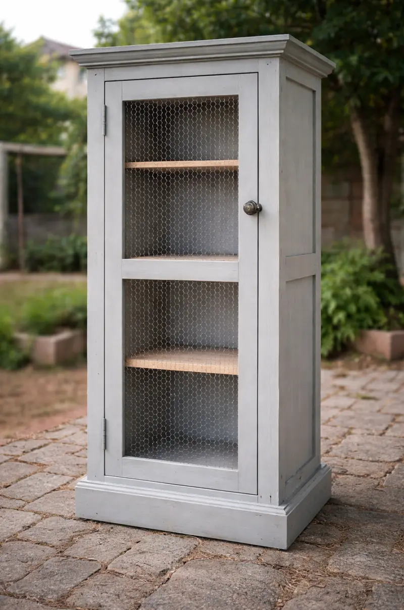 Avant après rénovation meuble confiturier en bois avec portes grillagées et finition grise en Martinique