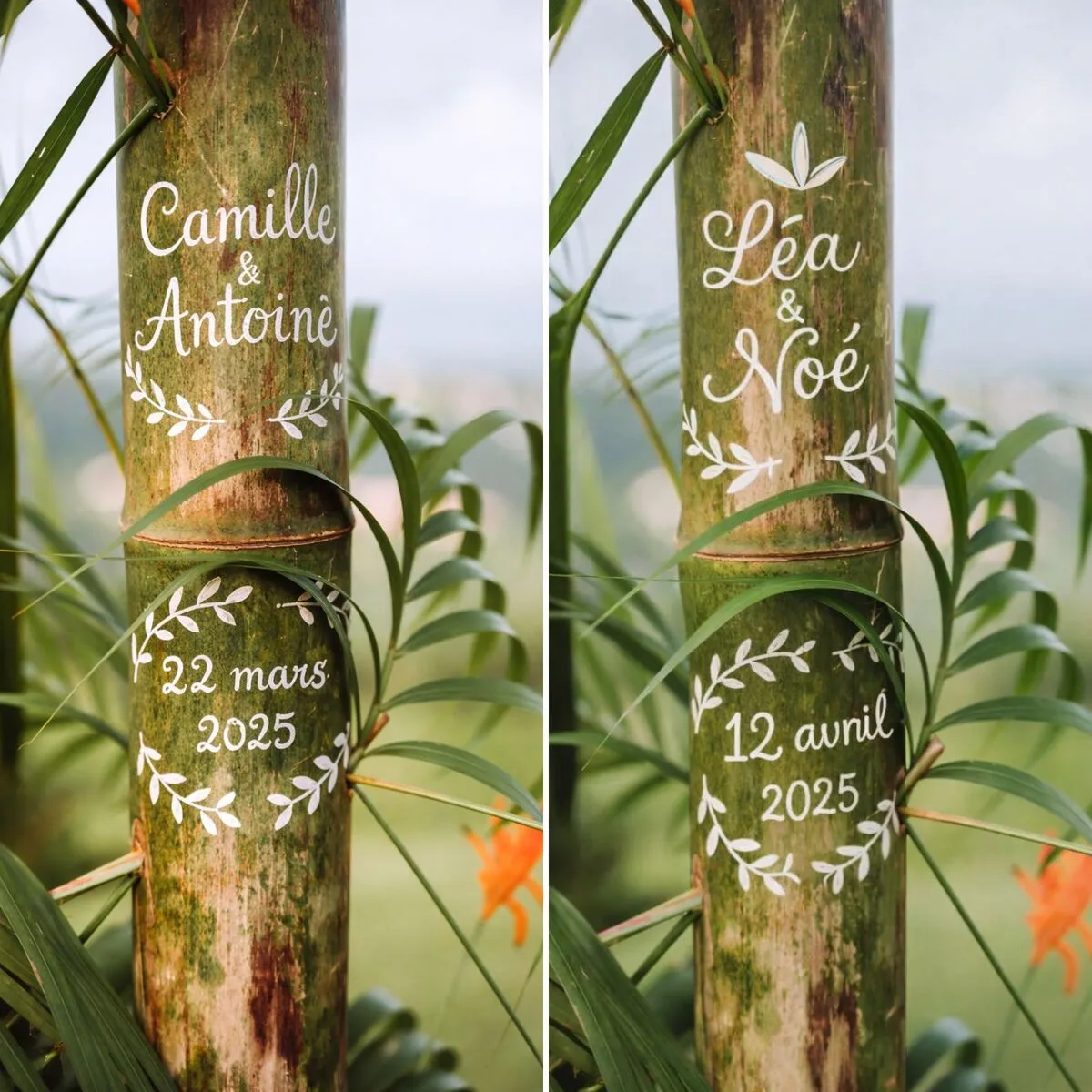 Personnalisation sur bambou avec prénoms des mariés et date pour cérémonie de mariage en Martinique
