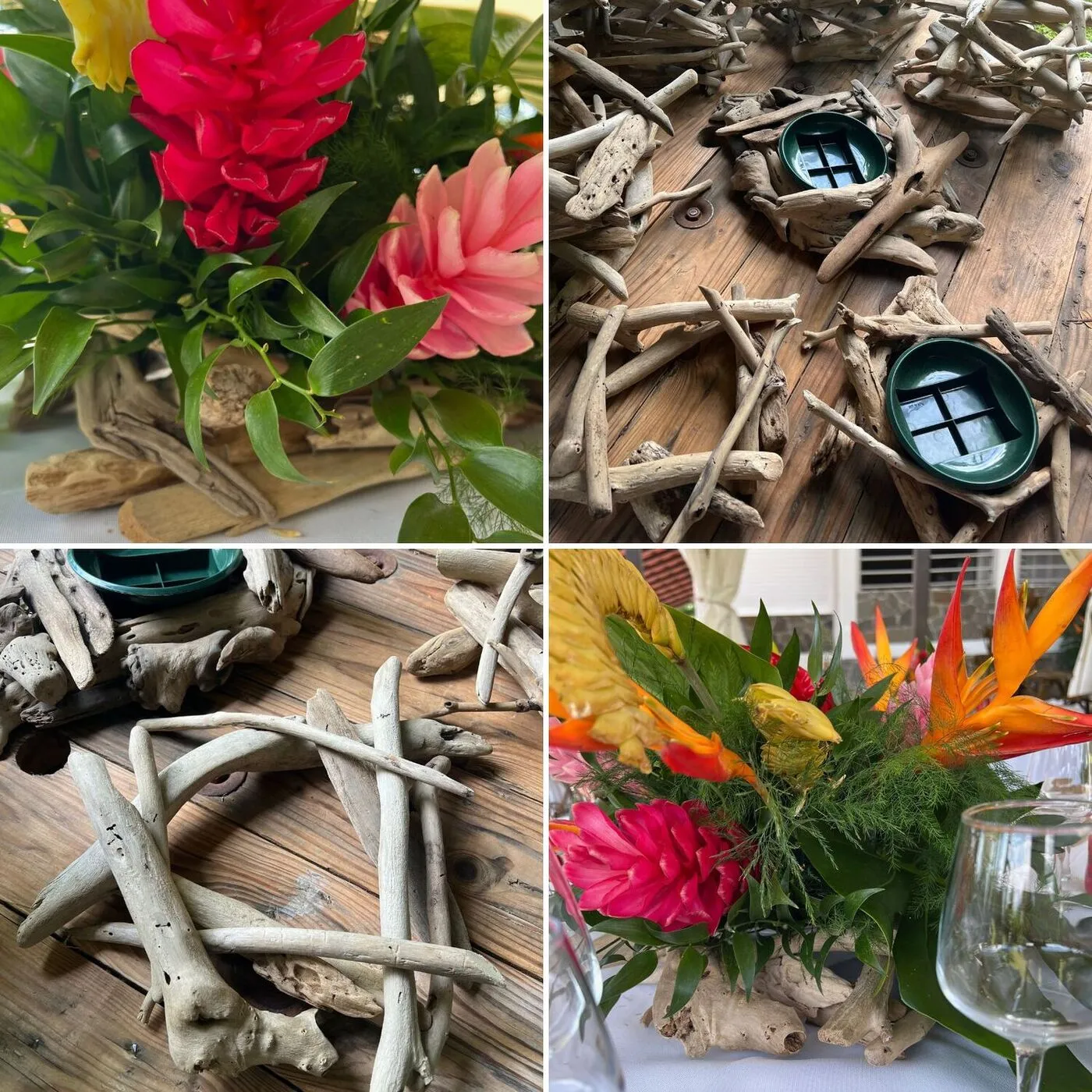 Centres de table de mariage en bois flotté avec compositions florales tropicales au Diamant en Martinique