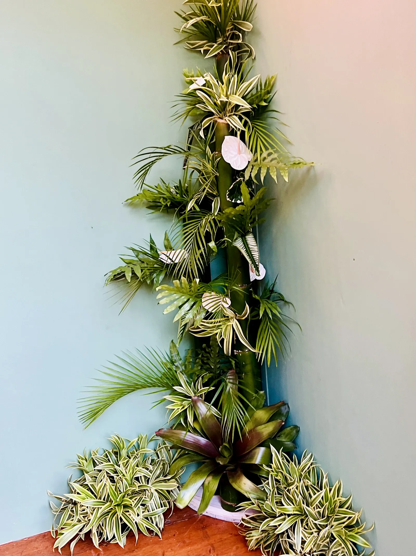 Structure en bambou avec feuillage tropical pour habillage d’angle lors d’un mariage en Martinique