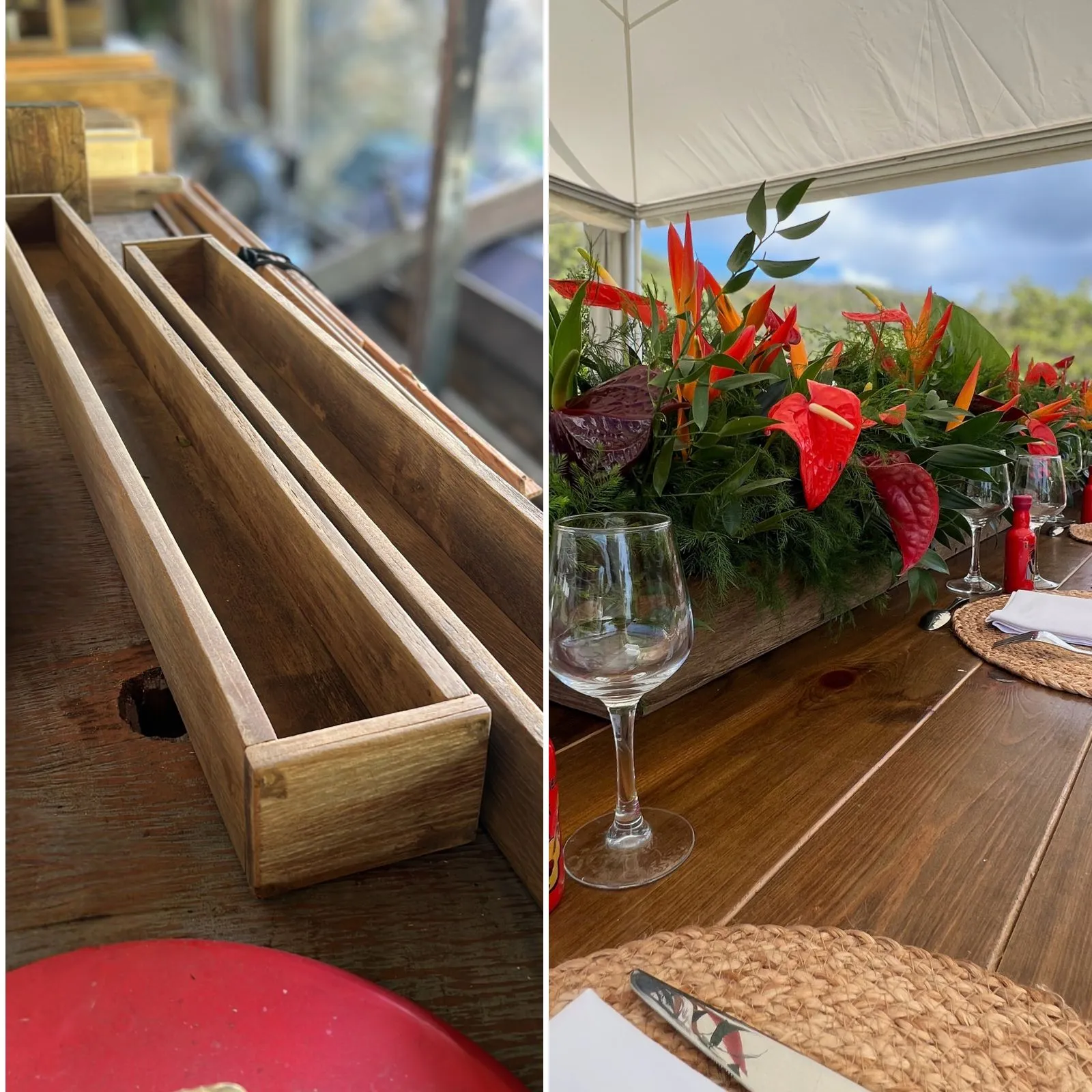 Supports longs en bois patiné pour centre de table avec composition florale pour mariage ou événement en Martinique