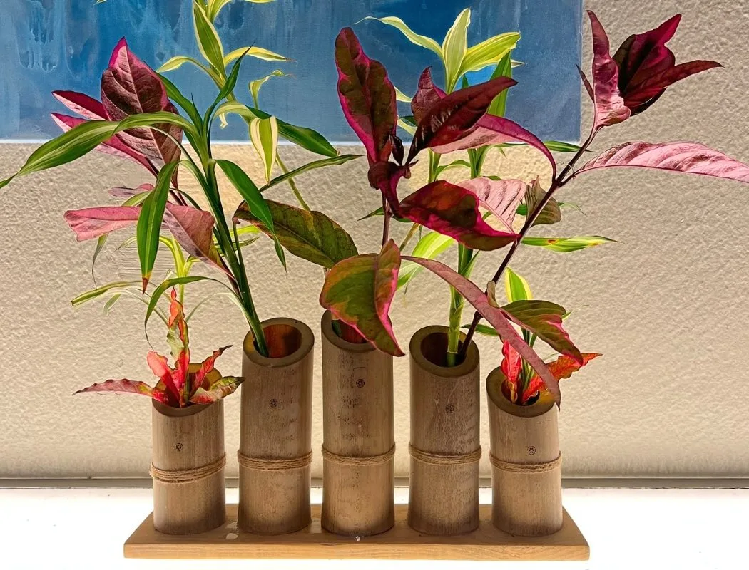 Vases en bambou sur socle en bois avec composition florale tropicale pour décoration de table ou événement en Martinique