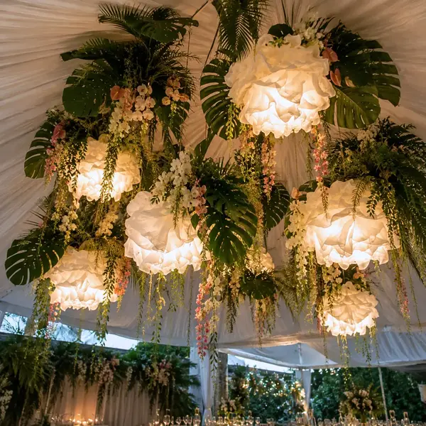 Suspensions décoratives en papier blanc de deux tailles utilisées pour une scénographie évènementielle