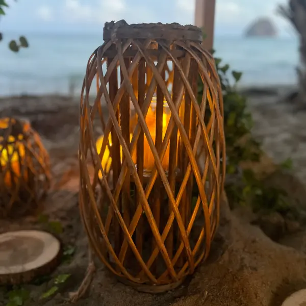 Lanternes en osier gris et verre utilisées comme éléments décoratifs, supports végétaux ou luminaires