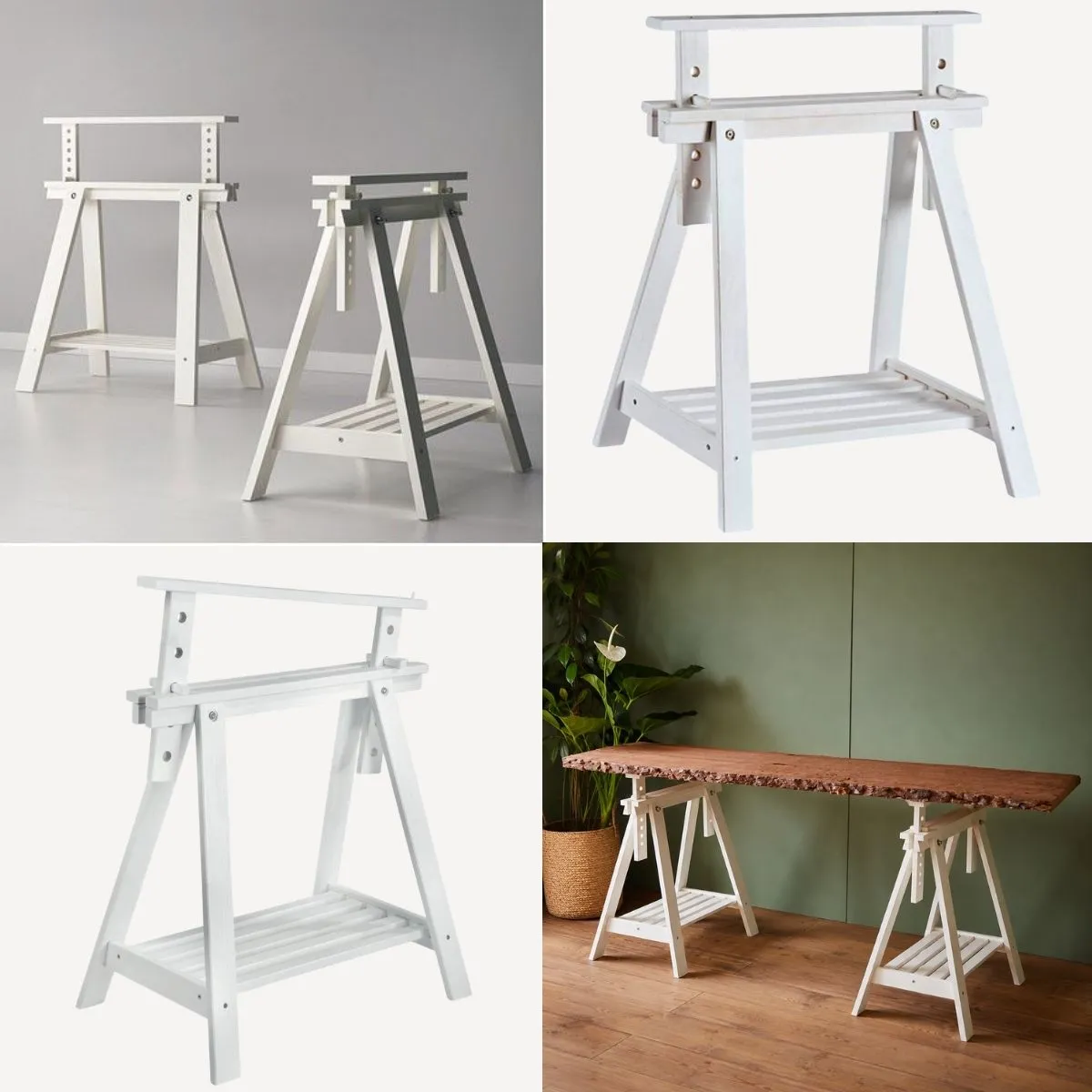 Tréteaux architecte blancs utilisés comme supports de buffet ou table de présentation lors d'événements