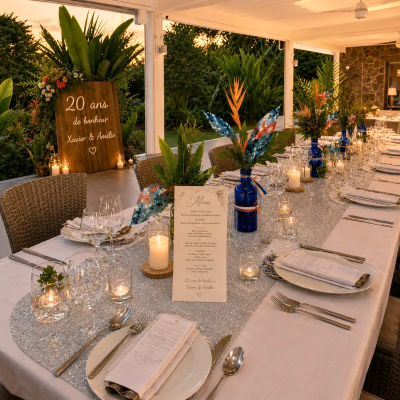 Décoration d'anniversaire de mariage dans unesalle de restaurant en Martinique