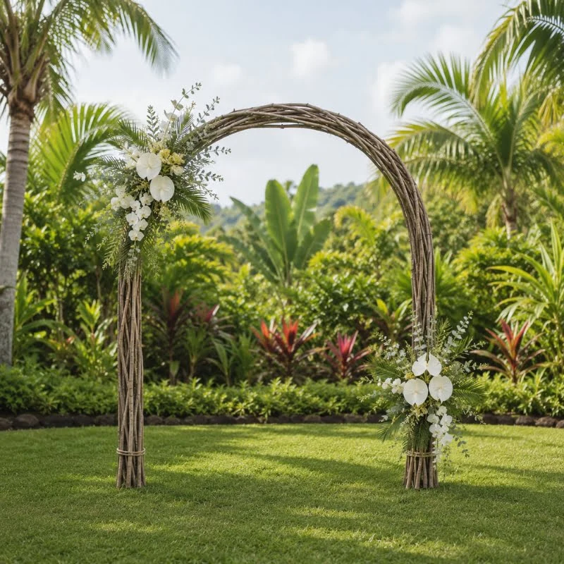 Arche ronde en branches tressées pour cérémonie de mariage en Martinique