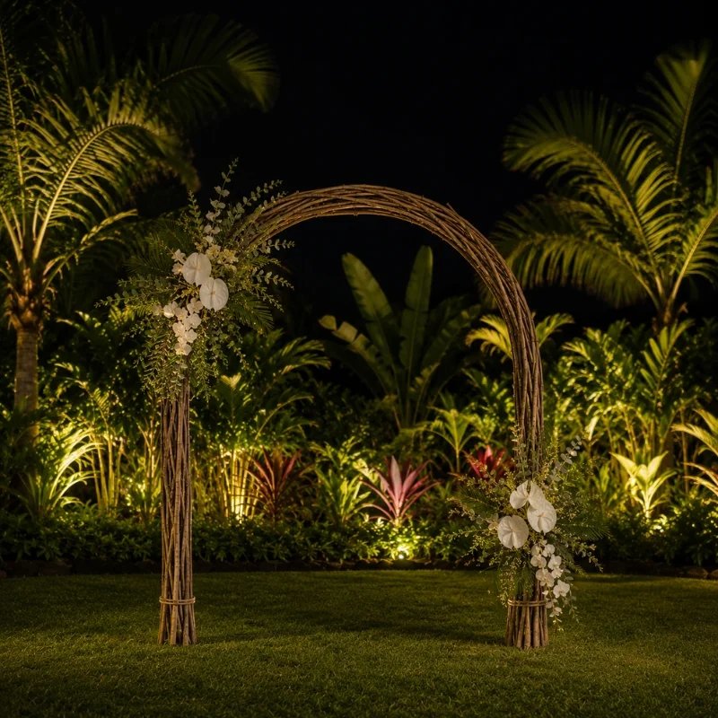 Arche ronde en branches tressées éclairée pour mariage en Martinique