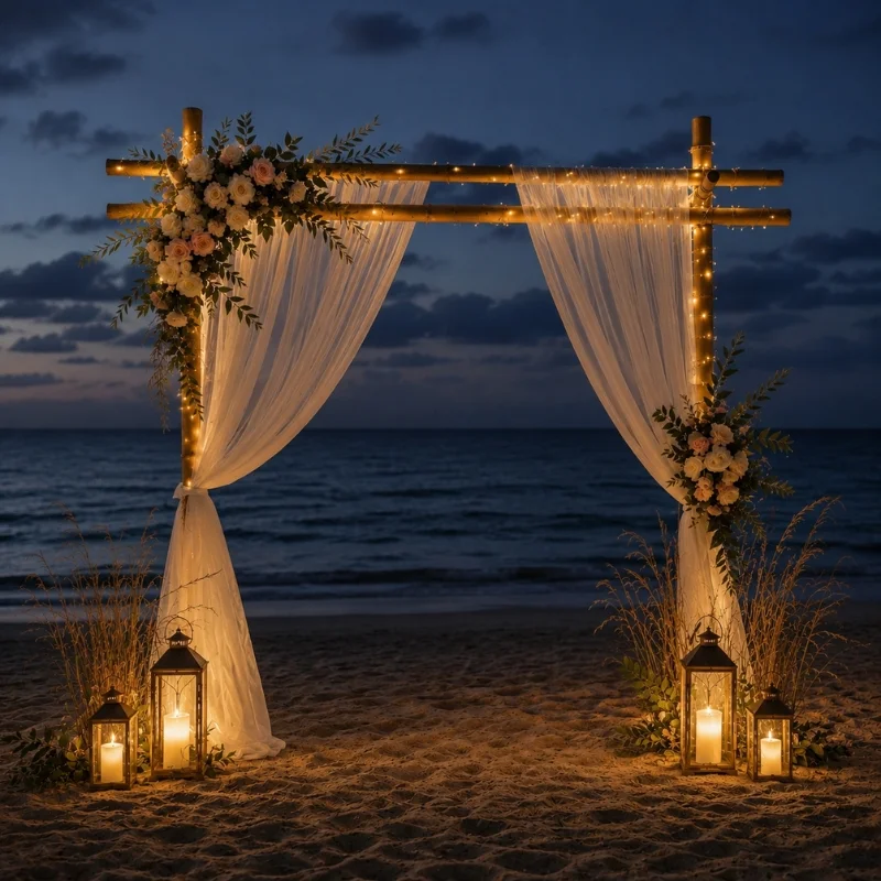 Arche de mariage en bambou éclairée en bord de mer en Martinique