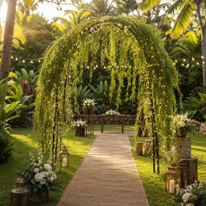 Arche de mariage en guirlandes végétales naturelles installée de jour en Martinique