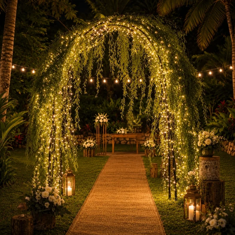Arche de mariage en guirlandes végétales éclairée de nuit en Martinique