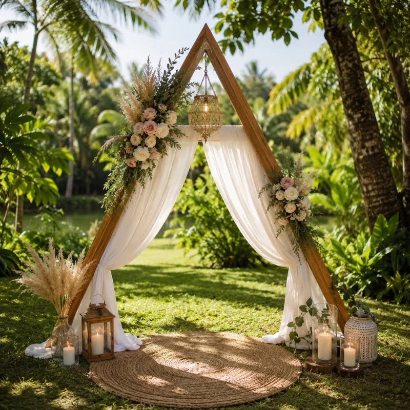 Arche triangulaire décorée de végétaux naturels pour cérémonie de mariage