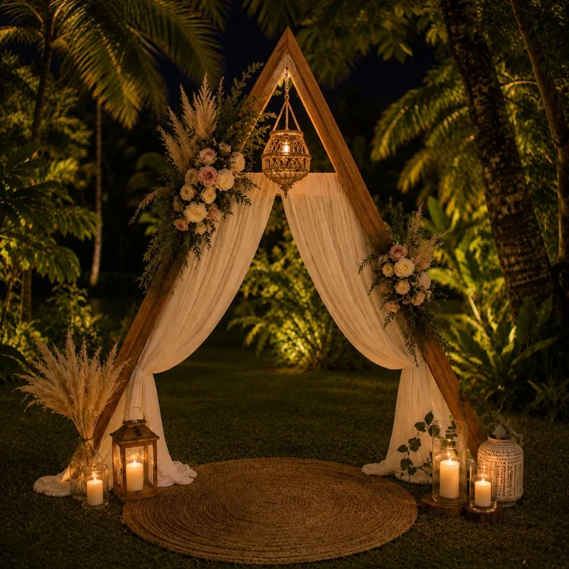 Arche triangulaire illuminée avec végétaux naturels pour mariage de nuit
