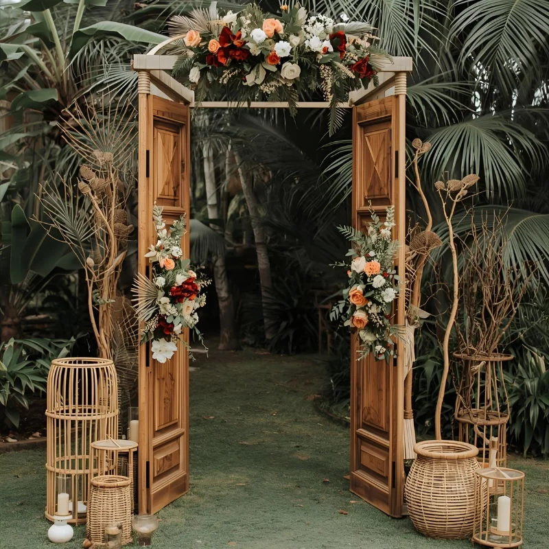 Arche de mariage réalisée avec des portes anciennes en bois massif ouvertes