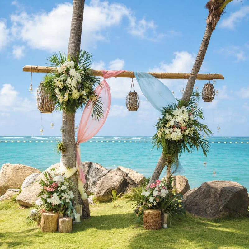 Arche romantique en bambou décorée pour cérémonie de mariage en bord de mer