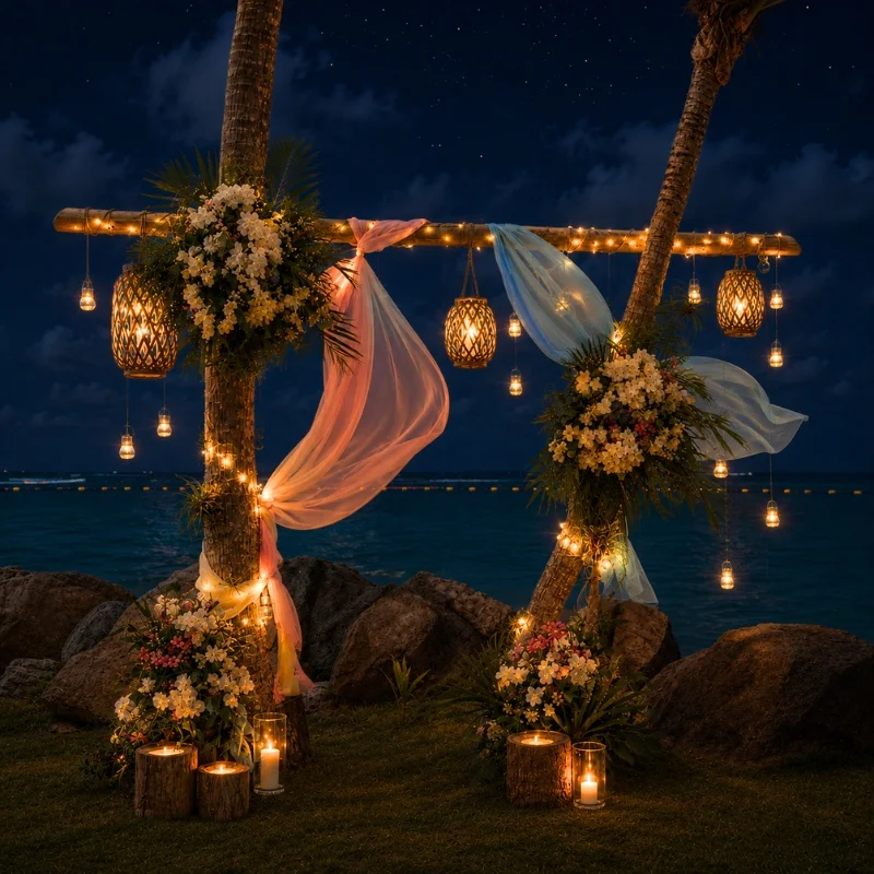 Arche romantique en bambou illuminée pour mariage de nuit
