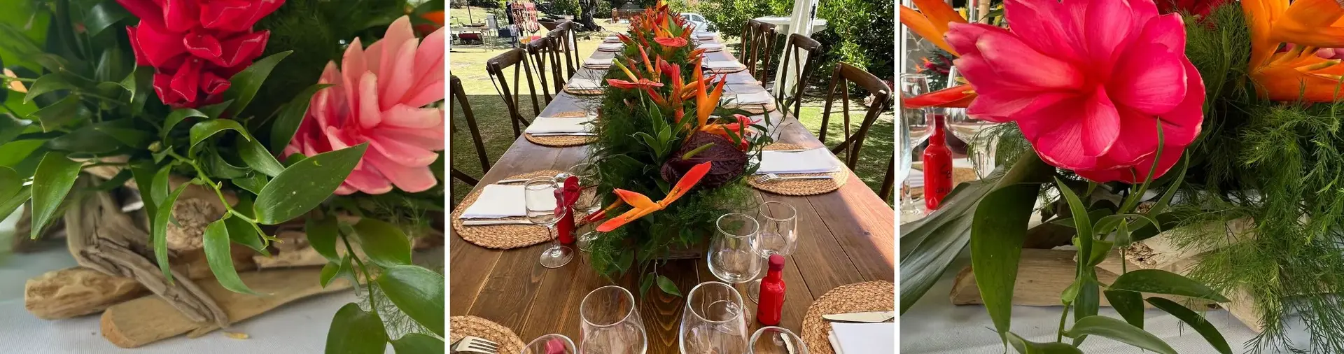 Centre de table mariage avec fleurs tropicales et décoration naturelle en Martinique