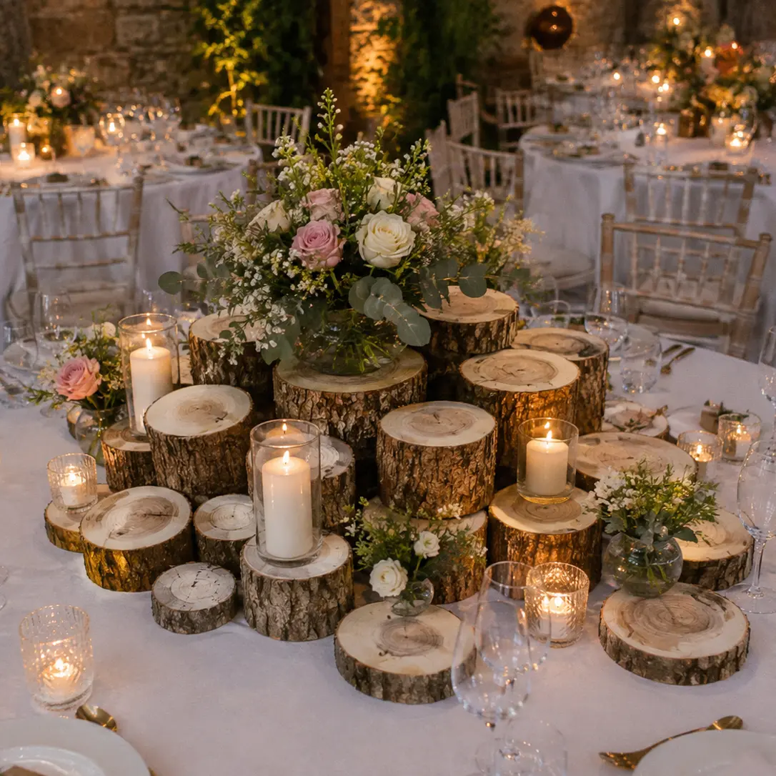 Visualisation d'un centre de table en rondins de bois avec composition florale, inspiration pour mariage en Martinique