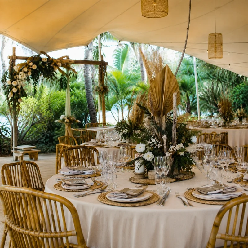 Arche ronde en bois flotté végétalisée pour décoration d'anniversaire en Martinique